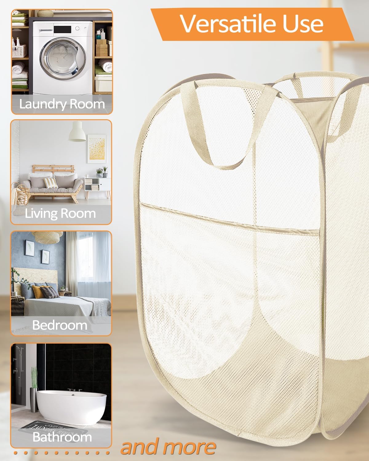 2 Pcs Durable Collapsible Laundry Baskets - Reinforced Mesh Pop Up Laundry Hamper with Pocket, Foldable Dirty Clothes Hamper with Carry Handles for Laundry, Bathroom, Kids Room, Dorm or Travel Beige