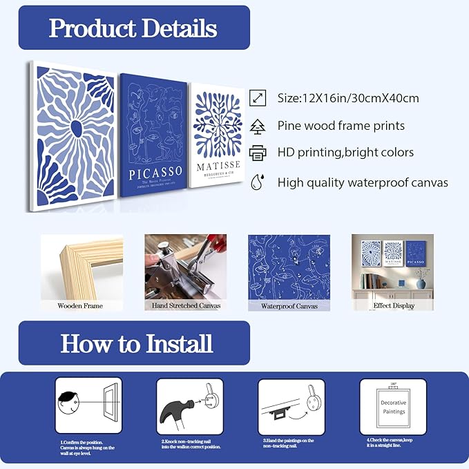 Framed Picasso Matisse Canvas Wall Art Set of 3 – Blue Abstract Line Poster Wall Decor Paintings Prints, Modern Minimalist Pictures Aesthetic Home Decor for Living Room Bedroom Office 12x16 inch