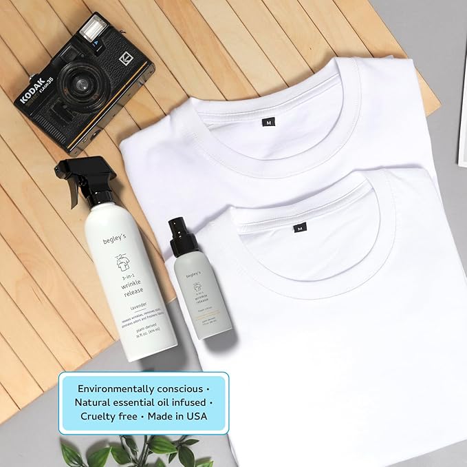 Begley's 3-in-1 Wrinkle Remover, Quick Fix Wrinkle Release, Static Cling Remover, Odor Eliminator and Fabric Refresher Spray - Plant-Derived, USDA Certified Biobased - Fragrance-Free, 3 oz Travel Size