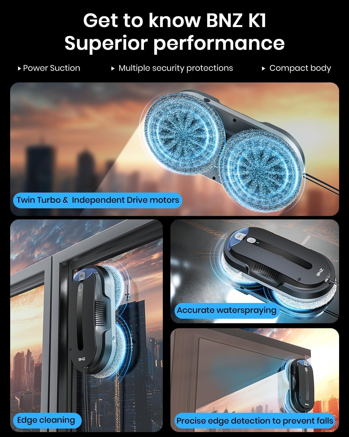 BNZ Smart Window Cleaning Robot, Twin Turbo & Dual Auto-Spray Window Cleaner with Multiple Safety System, AI Path Planning, Frameless Edge Detection, K1 (Matt Black)