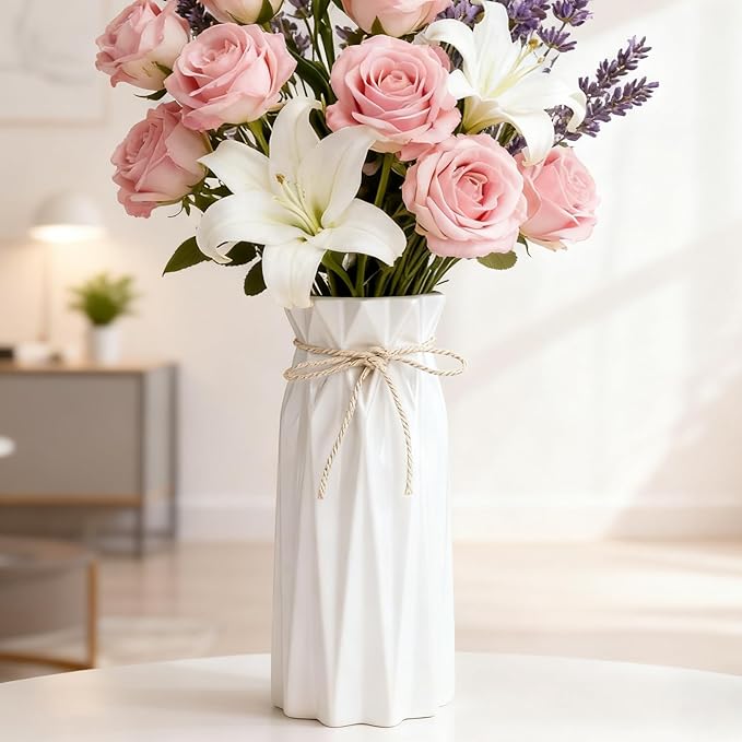 Ceramic Flower Vase Modern Home Decor Vases for Centerpieces White Minimalist Farmhouse 9.5" H x 3.9" W Cute Decorative Vases Flowers Tulip Pampas Grass Vase for Table Bathroom Shelf