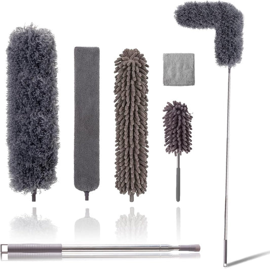 Upgraded Dusters for Cleaning (6pcs), Ceiling Fan Duster with 100" Thickened Extension Pole, Extendable Long Microfiber Duster for High Ceilings, Reusable & Washable Dusting Wand by OOSOFITT