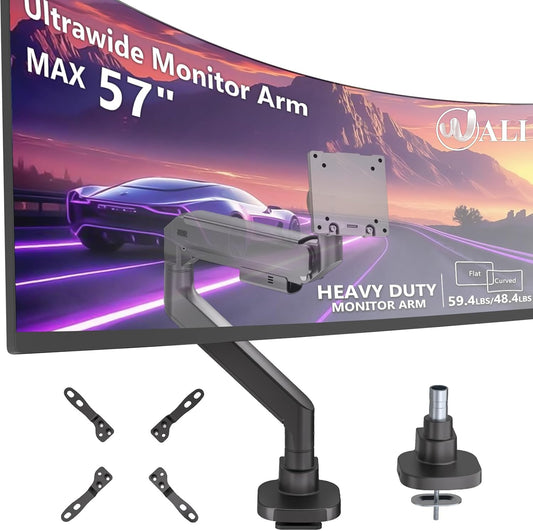 WALI 24-57" Monitor Arm, Heavy Duty Gas Spring Desk Mount for Ultrawide Flat and Curved Screen Up to 59.4lbs, VESA 75x75 to 200x200 (GSMU001XL-P), Black