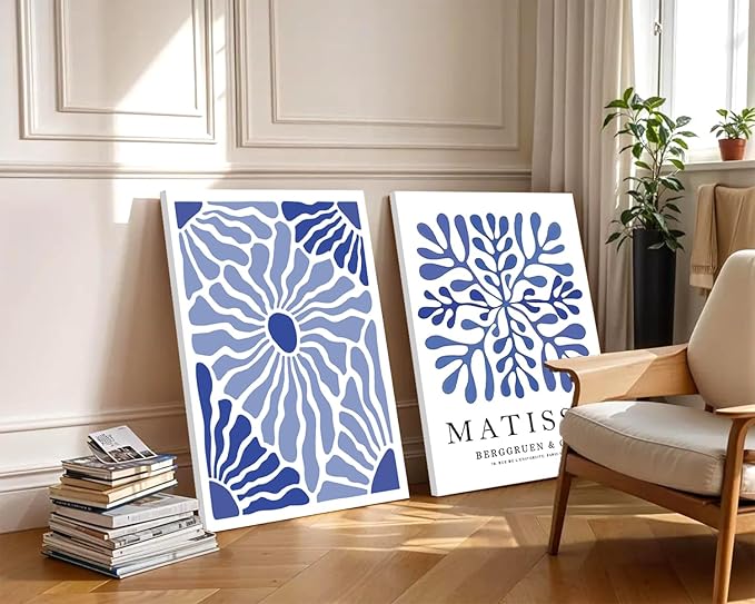 Framed Picasso Matisse Canvas Wall Art Set of 3 – Blue Abstract Line Poster Wall Decor Paintings Prints, Modern Minimalist Pictures Aesthetic Home Decor for Living Room Bedroom Office 16x24 inch