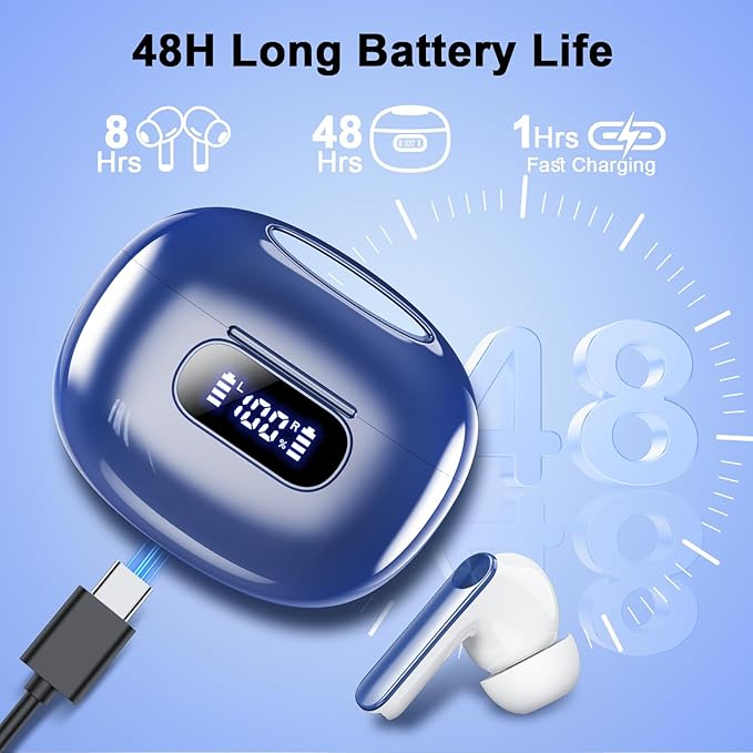 Wireless Earbuds, Bluetooth 5.3 Headphones LED Power Display, 2025 New Wireless Earphones, 4 ENC Noise Cancelling Mic, HiFi Stereo, 48H Playtime Mini Case IP7 Waterproof for iOS Android