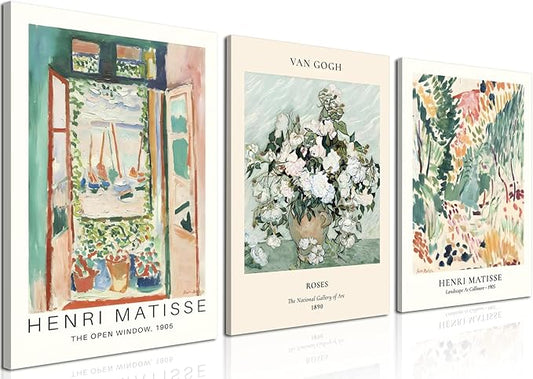 Sage Green Matisse Canvas Wall Art Set of 3 - Van Gogh Floral Pictures Wall Decor, Vintage Artwork Aesthetic Paintings Prints for Living Room Bedroom Bathroom 16x24 inch Framed