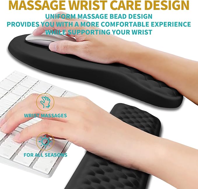 Hokafenle 2 in 1 Ergonomic Mouse Pad Wrist Support & Wrist Rest for Computer Keyboard Set, with Relieve Carpal Tunnel Pain Massage Bulge and Full Memory Gel Design (2In1 Set, Black)