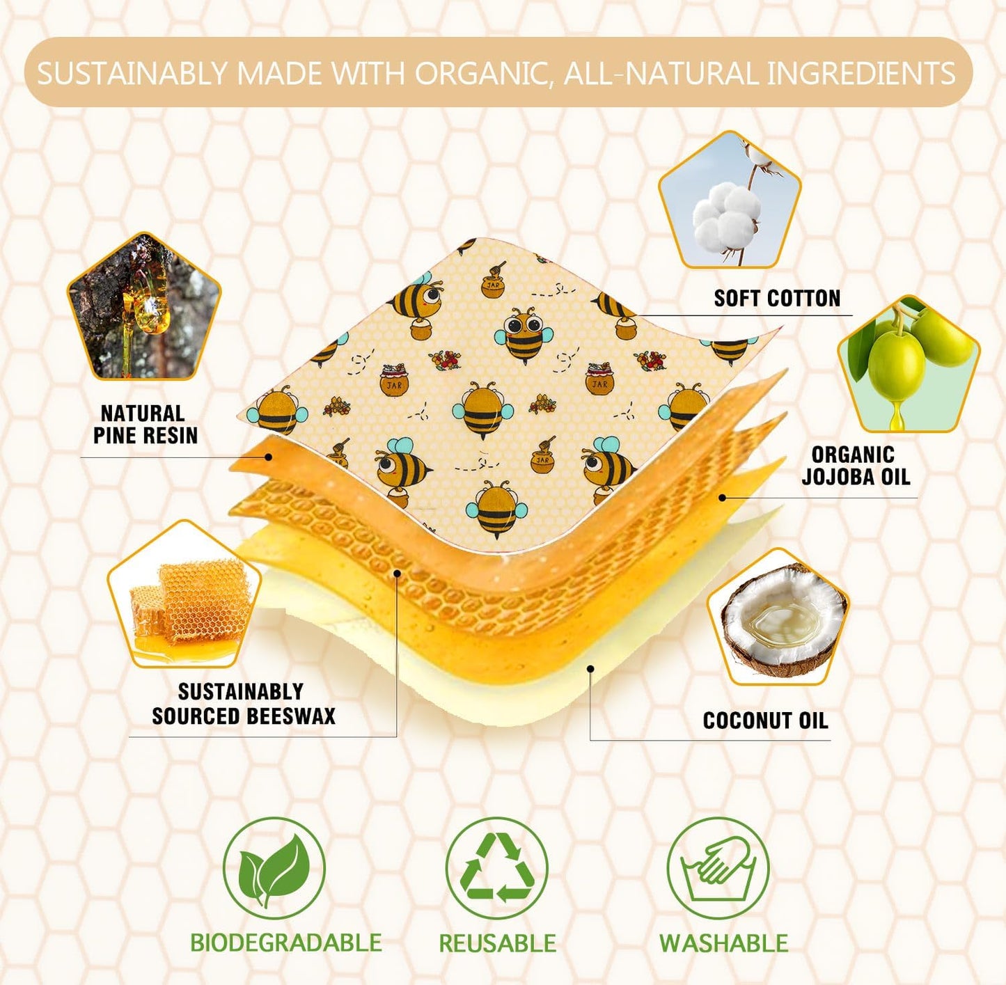 Reusable Beeswax Food Wraps - 9 Pack (5S,3M,1L) for Bread, Sandwiches, Cheese & Bowl Covers, Mason Jars, Eco-Friendly Kitchen Storage | Organic, Zero Waste, Plastic and Silicone Free