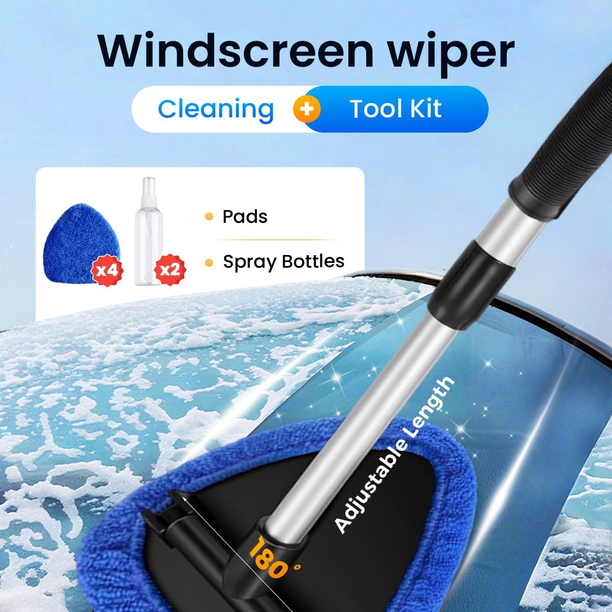 Windshield Window Cleaner Tool, Longer Extendable Glass Cleaning Tool with Microfiber Pads and Spray Bottles,Glass Wiper Kit for Car Windshield & Home Windows (Orange Set)