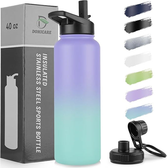 DOMICARE 40 oz Insulated Water Bottle, Vacuum Insulated Stainless Steel Sports Water Bottle with Straw Lid & Spout Lid, Leakproof, Reusable - Travel, Camping, Bike, Purple Green Gradient