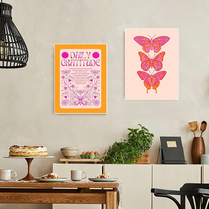 Hwetui Butterfly Wall Art Poster Set of 3 - Pink Orange Preppy Wall Decor Pictures, Daily Gratitude Paintings Prints Aesthetic Home Decor for Girls Bedroom Dorm Apartment 12x16 inch Unframed