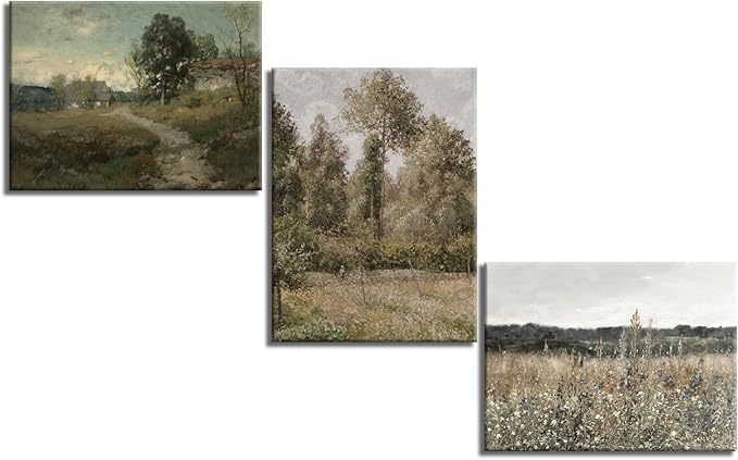 Vintage Landscape Canvas Wall Art Set of 3 - Meadow with Flowers Painting Prints,Rustic Farmhouse Posters Home Decor,Pastoral Outdoor Views Picture for Living Room Bedroom Bathroom 16x24in Framed