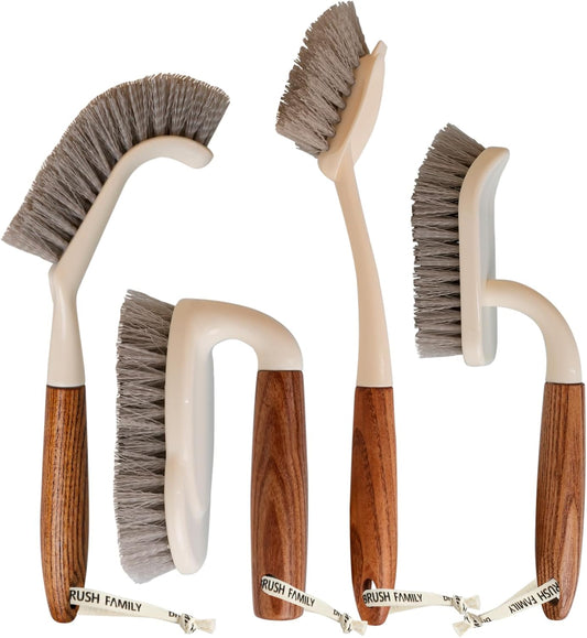 4-Pack Heavy Duty Scrub Brushes Set with Wooden Handles, Triangle & Square Floor Scrubber, Dish Brush, Grout Cleaner for Kitchen, Bathroom, Tile, Carpet & Stubborn Stains Removal