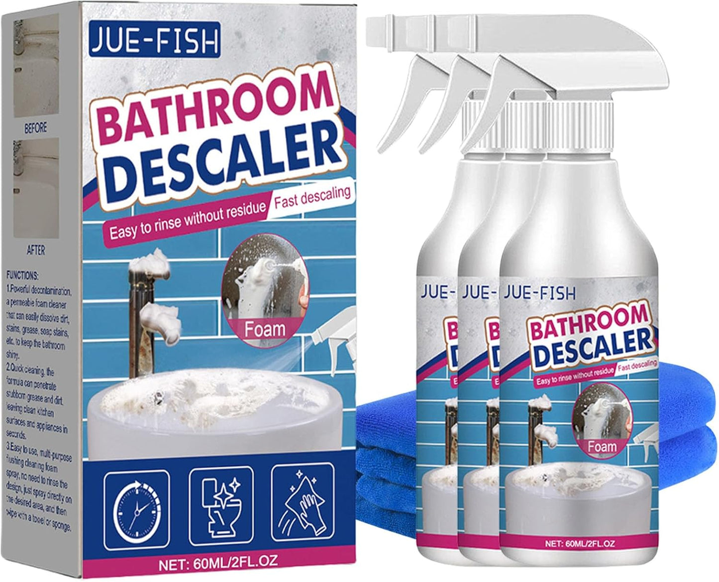 Lanenow Jue-Fish Bathroom Descaler Foam Cleaner - Stubborn Stains Remover, Fresh Scent, All Purpose Bubble Spray (3pcs)