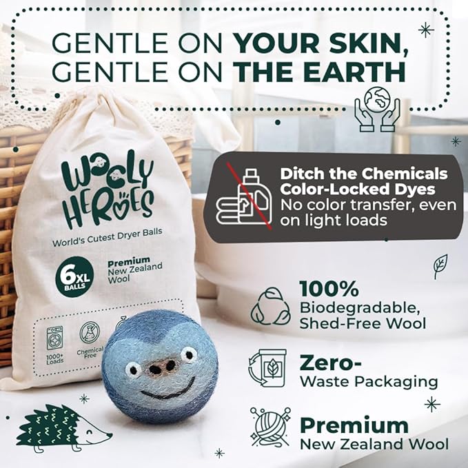 No More Dryer Sheets! Reusable Wool Dryer Balls XL 6-Pack - Reduces Static, Cuts Dry Time, & Softens Naturally