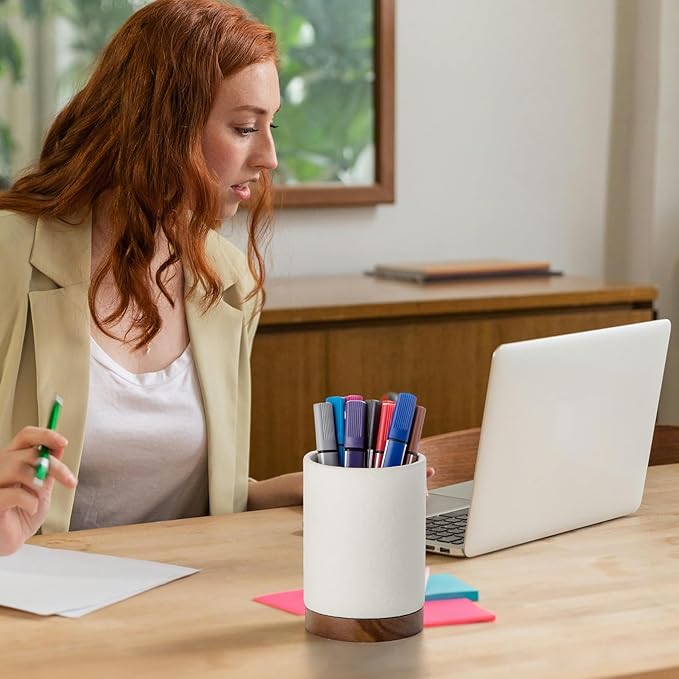 Pen Holder for Desk, Ceramic Pencil Organizer & Makeup Brush Holder, Office Decor and Desk Accessories，Perfect Office Organization,Teacher Supplies (White, Set / 1)