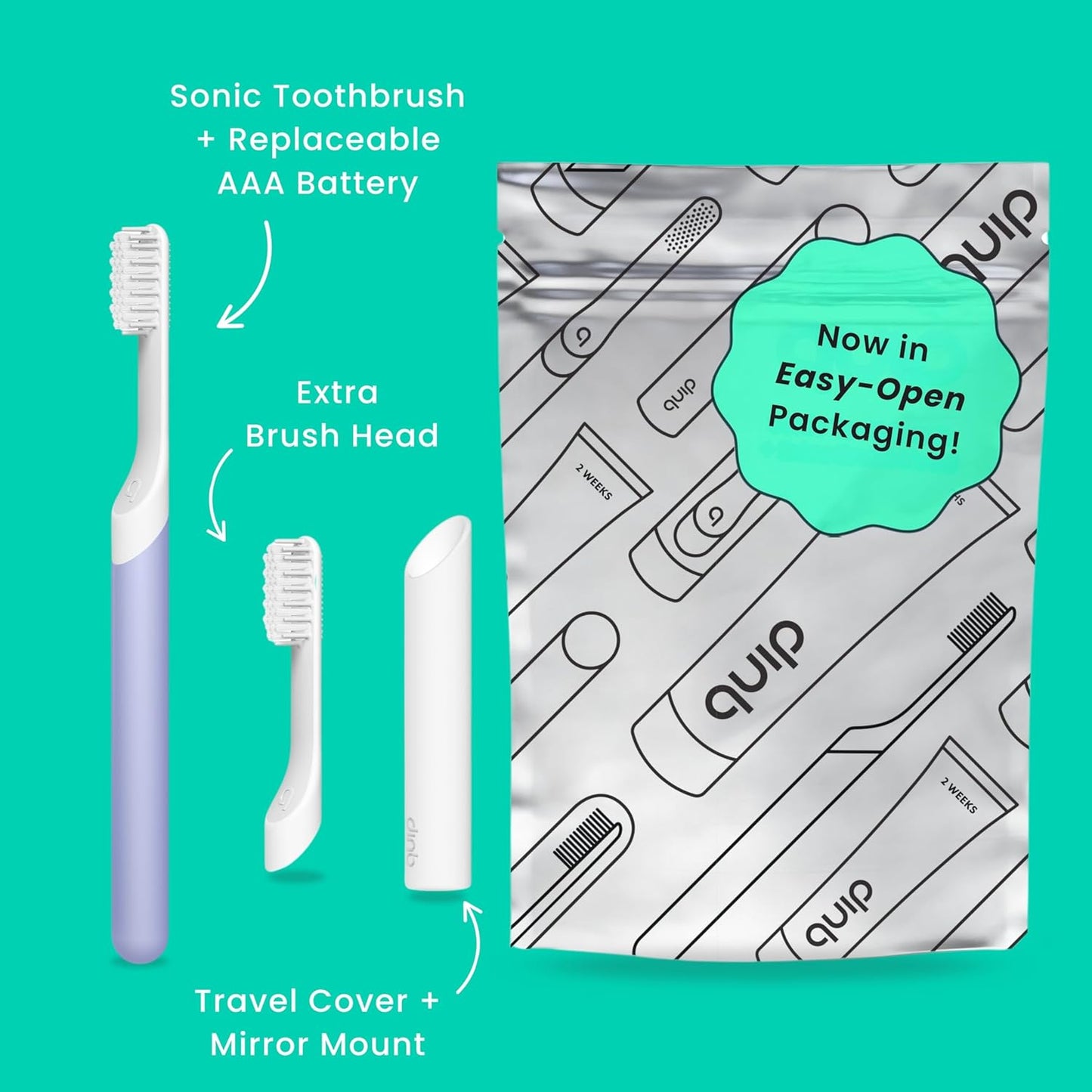 quip Sonic Toothbrush for Adults with Timer - Includes Extra Brush Head and Travel Cover Mount - Electric, Soft Bristle Refill Head, Plastic Handle, 3 Month Battery Life - Travel Toothbrush - Lavender