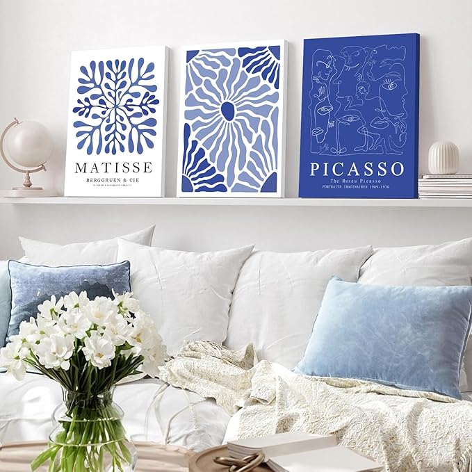 Framed Picasso Matisse Canvas Wall Art Set of 3 – Blue Abstract Line Poster Wall Decor Paintings Prints, Modern Minimalist Pictures Aesthetic Home Decor for Living Room Bedroom Office 12x16 inch