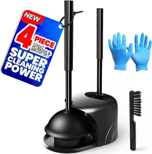 4-Piece Toilet Brush and Plunger Set, Extended Handle Plunger,Toilet Bowl Brush Plunger Set,Bathroom Cleaning Tools,Cleaning Brush,Cleaning Supplies,Toilet Brush Plunger Combo,Black（20inch）