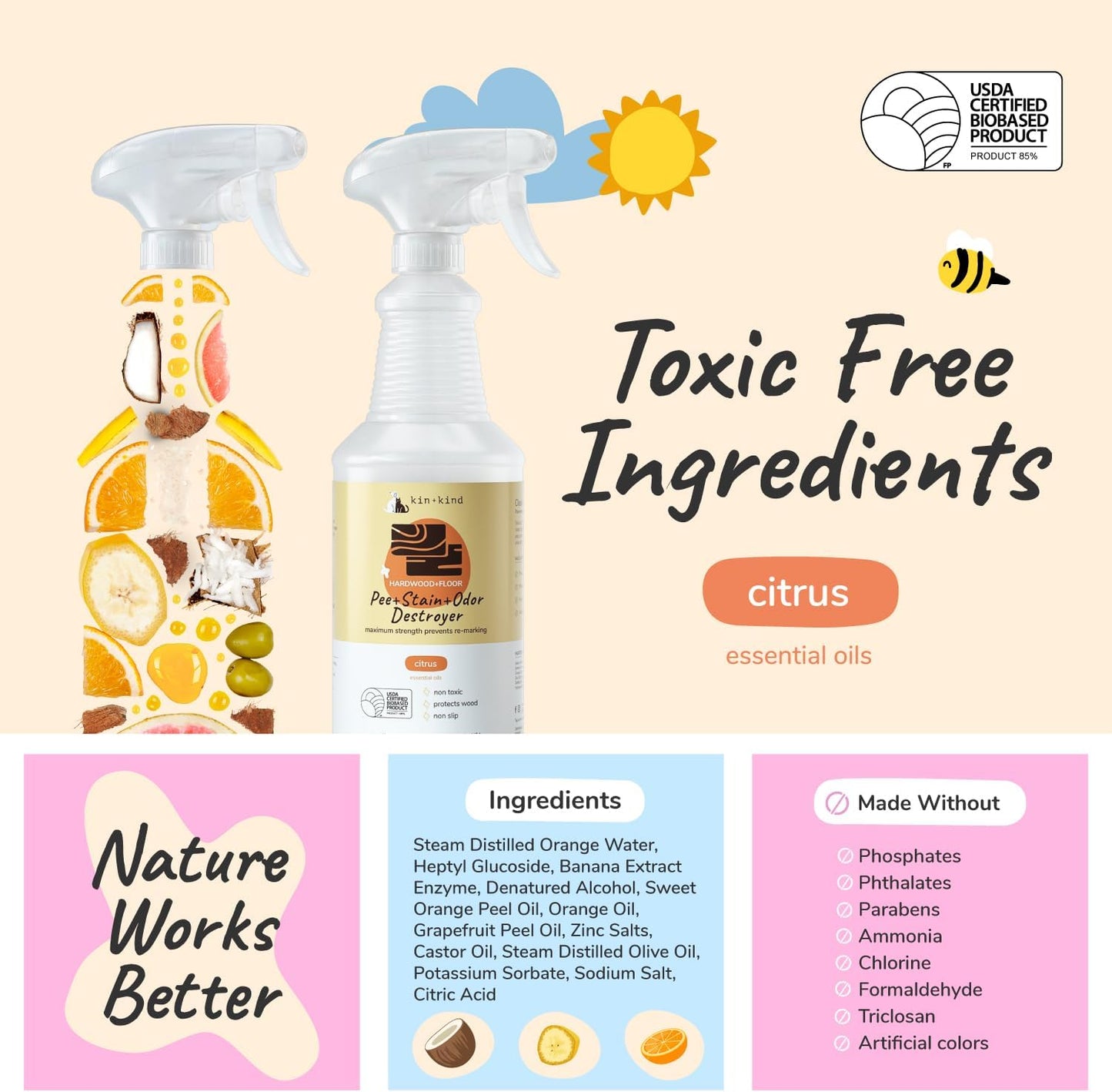 kin+kind Pet Odor Eliminator for Home - Litter Deodorizer, Pet Urine Odor Eliminator Spray and Stain Remover Spray for Harwood Floods, Carpet and Fabric - Pee, Odor and Stain Destroyer 32 fl oz