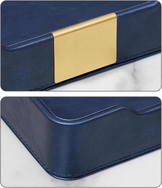 PU Leather Valet Tray with Gold Accent, Decorative Nightstand Organizer Desk Trays Cologne Organizer for Men - Key Bowl Vanity Trinket Tray for Dresser Bedside Entryway Table (Navy Blue)