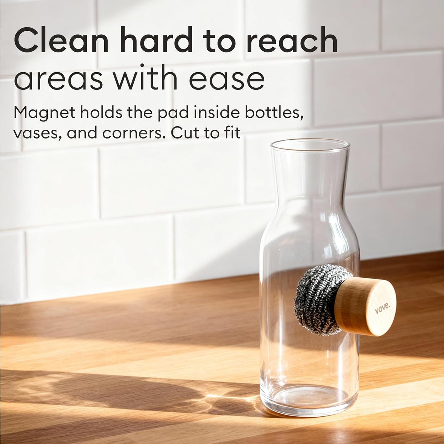 Vove Magnetic Scourer, Stainless Steel Scrubber with FSC-Certified Bamboo Handle, 3 Replacement Pads, Neodymium Magnet, for Cast Iron, Pots & Pans, Griddles, Grills, Plastic-Free Eco-Friendly Cleaner