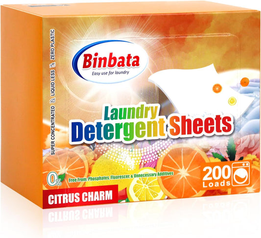 Laundry Detergent Sheets, 200 Loads Citrus Charm Scent Hypoallergenic Eco-Friendly, Biodegradable Plastic Free Liquidless Laundry Sheets Suitable for Sensitive Skin
