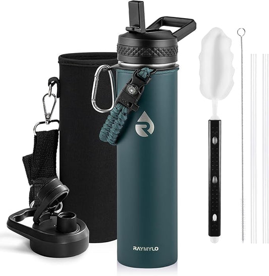 Insulated Water Bottle 24oz, Triple Wall Vacuum Stainless Steel (Cold for 48 Hrs, Hot for 24Hrs), Leak Proof & Non-BPA, 24oz Hydro Water Flask with Paracord Handle & Straw Spout Lids