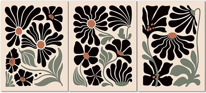 Hwetui Boho Wall Art Set of 3 Abstract Black flowers Plant Poster Vintage Green Floral Canvas Prints Neutral Home Decor Aesthetic Bohemian Artwork Painting Pictures for living room12''x16''Unframed