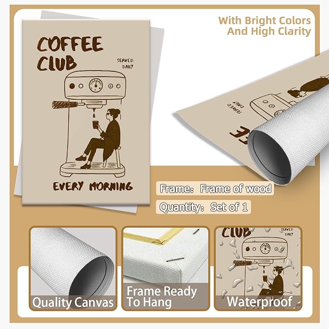 Served Daily Every Morning Sign Wall Art Funny Coffee Club Canvas Print Poster Vintage Kitchen Minimalist Painting Aesthetic Pictures Decor for Cafe Station Bar Cart Bedroom 16x24inch Framed