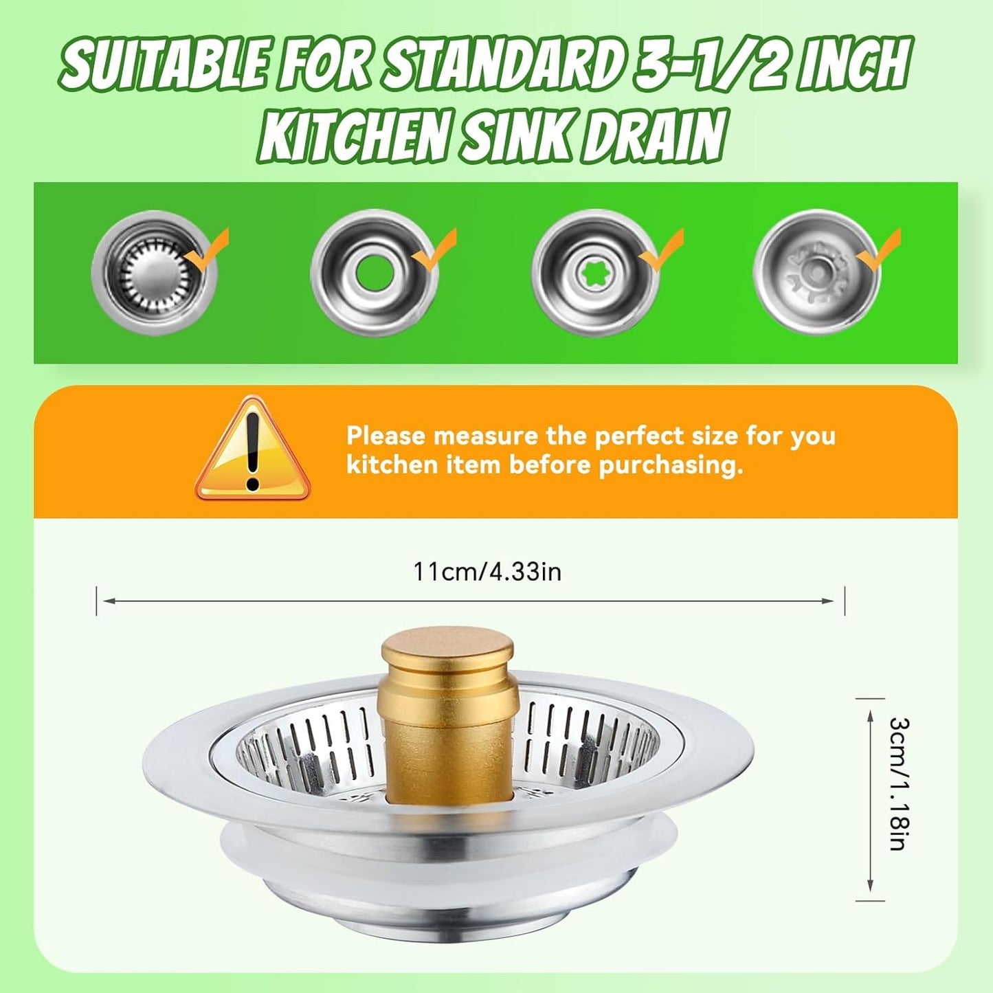Kitchen Sink Drain Strainer, Pop-up Sink Stoppers, 3 in 1 Sink Drain Strainer, Upgraded Larger Sink Strainer Filter Basket, Cleaning Brush for US Sink Standard 3-1/2 Inch Drain Strainers
