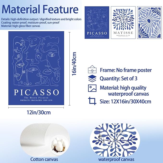Blue Matisse Canvas Wall Art Poster Set of 3, Picasso Abstract Line Wall Decor Paintings Prints, Modern Minimalist Pictures Aesthetic Home Decor for Living Room Bedroom Office 12x16 inch Unframed