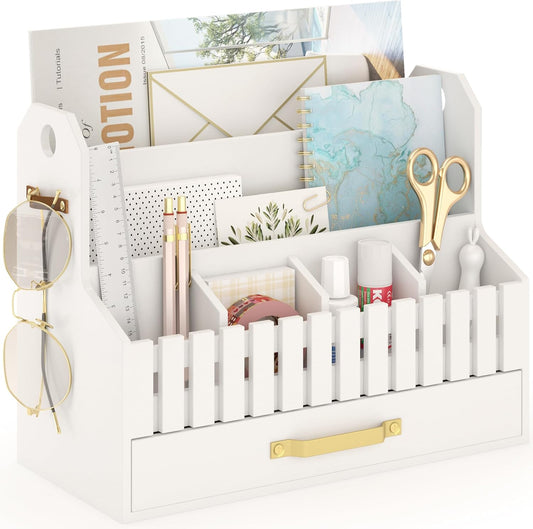 Bamboo Mail Organizer Countertop with Drawers, Wood Desk File Organizer Desktop Paper Organization Storage Bill & Letter Sorter Holder for School Home Office Supplies, No Assembly Required (White)