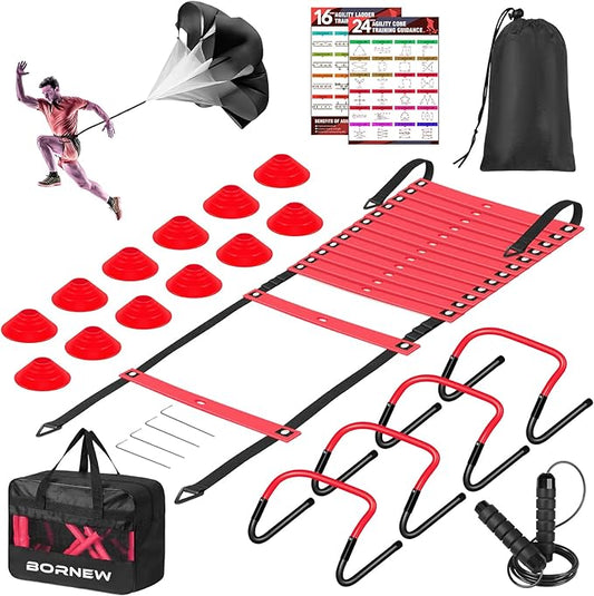 Soccer Agility Speed Training Equipment, Football Practise Set with 20 ft Agility Ladder, 12 Cones, 4 Adjustable Hurdles, Jump Rope, Parachute, for Basketball, Football, Kids, Youth, Adults