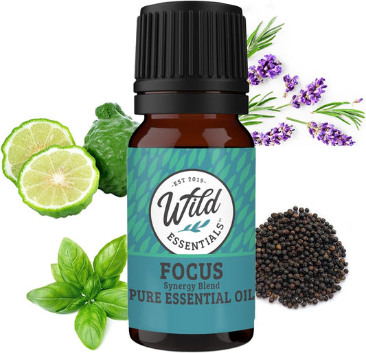 Wild Essentials Focus 100% Pure Essential Oil Synergy Blend 10ml, Therapeutic Grade Concentration Formula for Mental Clarity, Study, Work, Test, Interview, Attention Made in The USA