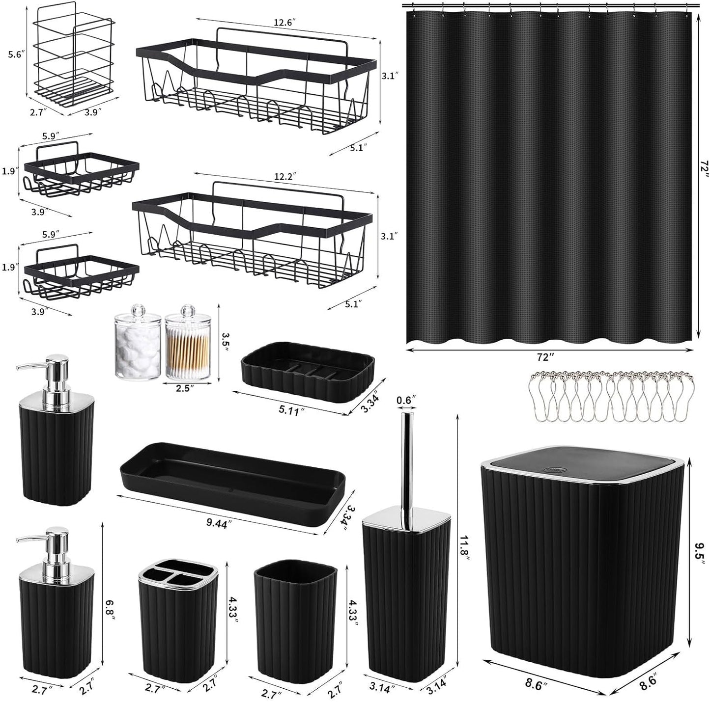 28PC Bathroom Set - Gorgeous Black Bathroom Set, Bathroom Accessory Set, Black Shower Curtain Set with Shower Caddy