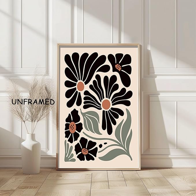 Hwetui Boho Wall Art Set of 3 Abstract Black flowers Plant Poster Vintage Green Floral Canvas Prints Neutral Home Decor Aesthetic Bohemian Artwork Painting Pictures for living room12''x16''Unframed