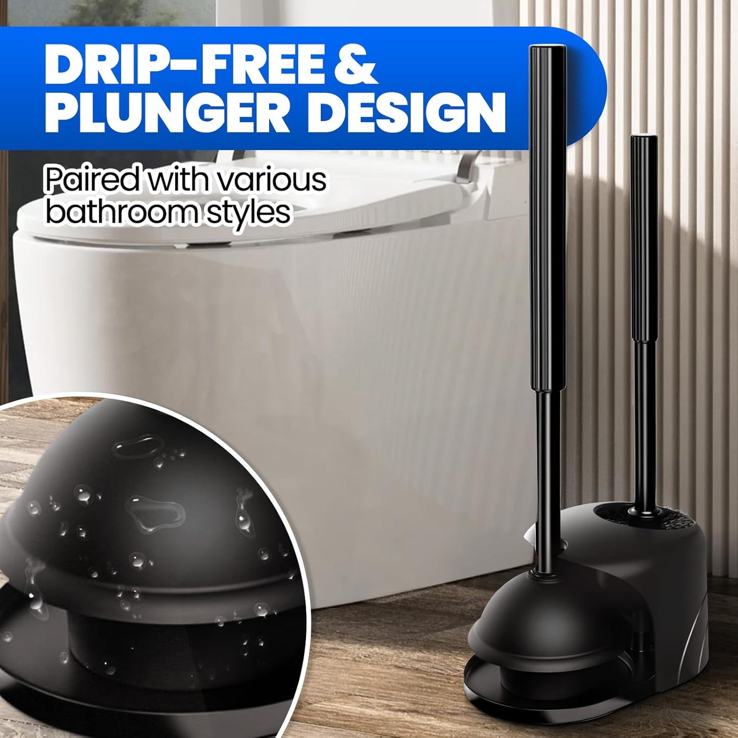 4-Piece Toilet Brush and Plunger Set, Extended Handle Plunger,Toilet Bowl Brush Plunger Set,Bathroom Cleaning Tools,Cleaning Brush,Cleaning Supplies,Toilet Brush Plunger Combo,Black（20inch）