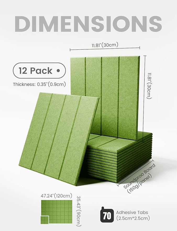 Felt Bulletin Board Tiles Large 48" x 36" Cork Board Alternative-12 Pack with 70 Adhesive Tabs, Thick Slat Wall Panels for Office Decor, Push Pin Board Wall Organizer Alternative-Grass Green