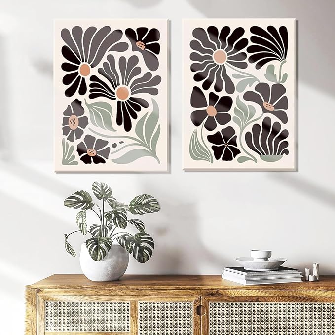 Hwetui Boho Wall Art Set of 3 Abstract Black flowers Plant Poster Vintage Green Floral Canvas Prints Neutral Home Decor Aesthetic Bohemian Artwork Painting Pictures for living room12''x16''Framed