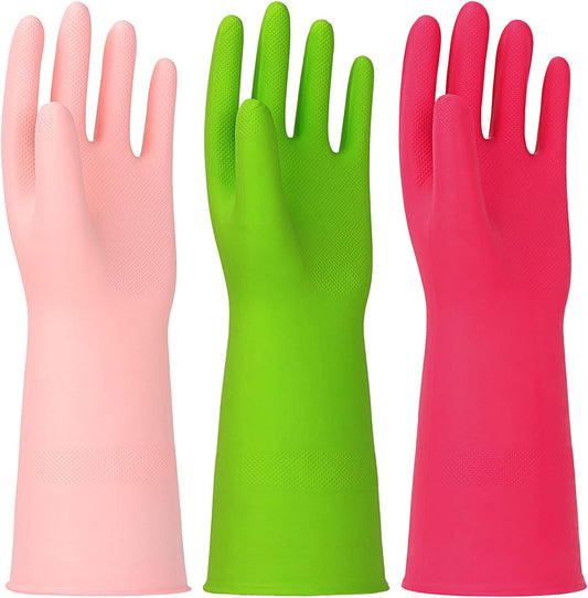 3 Pairs Rubber Cleaning Gloves Latex Free Dishwashing Gloves - 13" Reusable Nitrile Gloves Medium, Green+Pink+Red