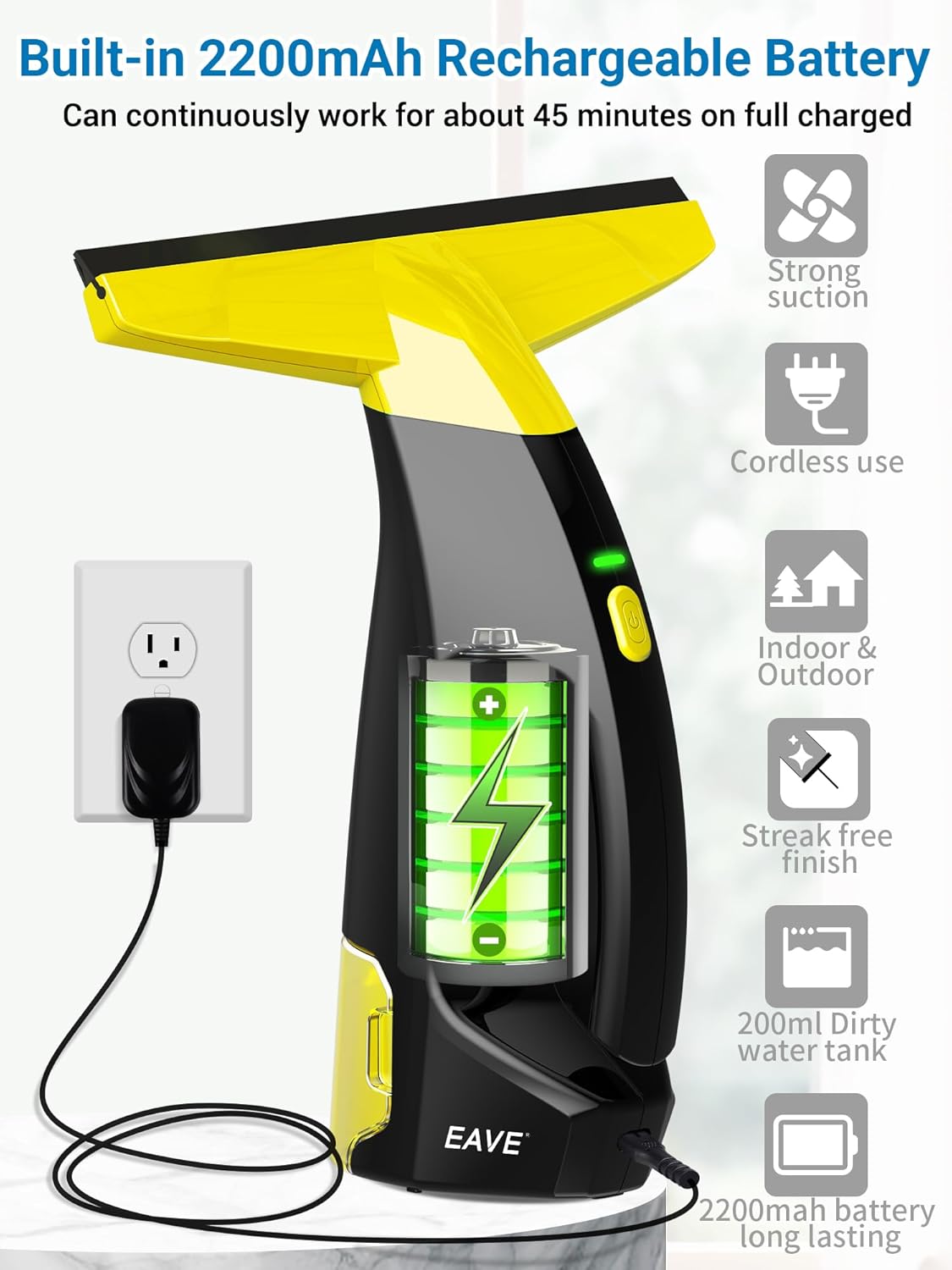 Rechargeable Window Vac, Window Vacuum Cleaner Set, Window Vacuum Squeegee Electric Cleaning Tool for Windows, Tiles, Mirrors, 200ml Water Tank