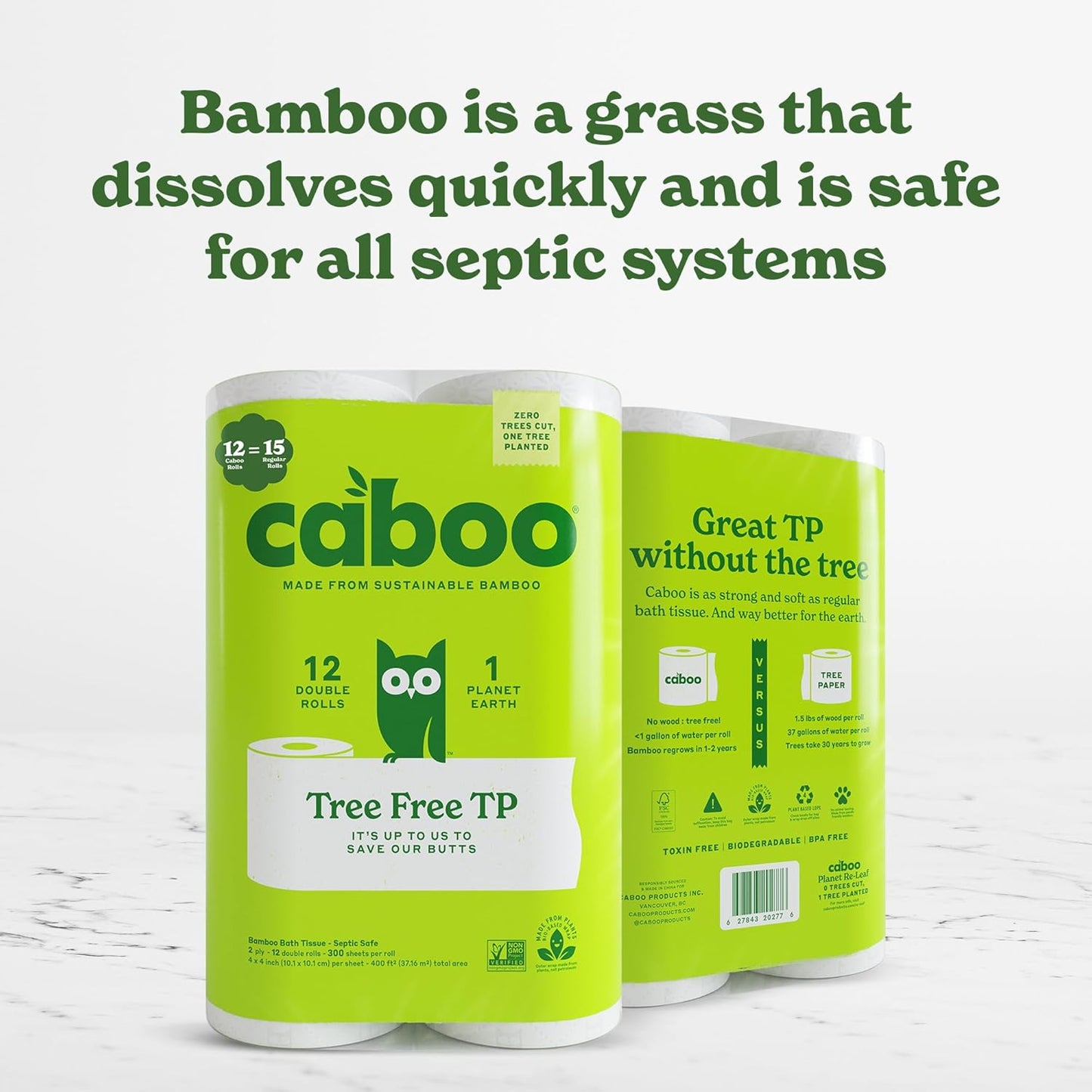 Caboo Tree Free Toilet Paper, Tree Free, Septic, Chemical Free Bath Tissue - 2 Ply Sheets, 300 Sheets Per Roll, 12 Double Rolls