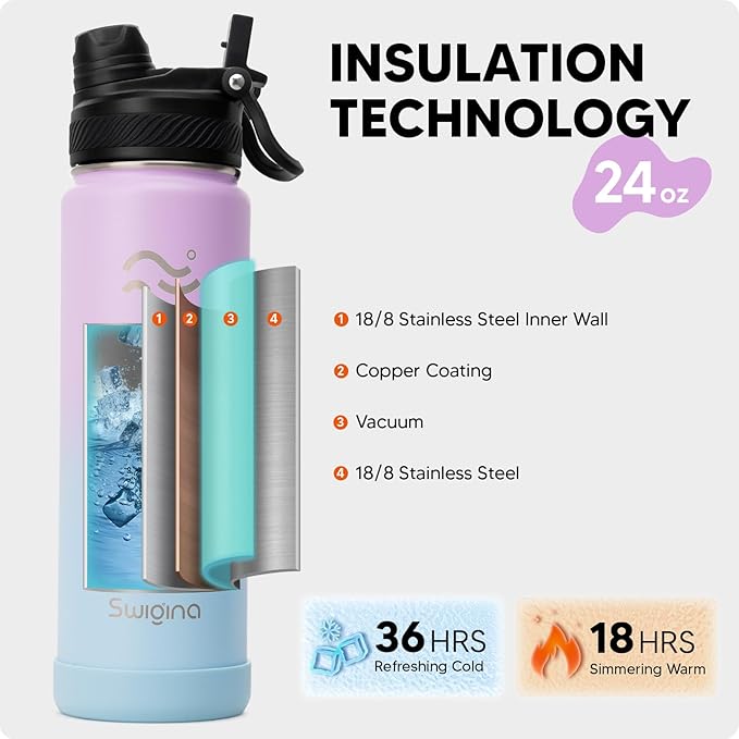 [2-IN-1 LID] Insulated Water Bottle with Silicone Boot (36hrs Cold/18hrs Hot) - DIY Stickers, Leakproof, BPA Free, 24 oz