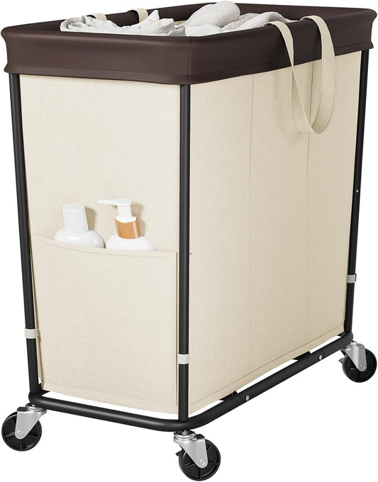 320L Laundry Basket with Wheels, 3-Section Rolling Hamper for Laundry, Extra Large Laundry Hamper with Wheels, Clothes Hamper Rolling Laundry Basket for Home, Bathrooms and Dorm(Beige)