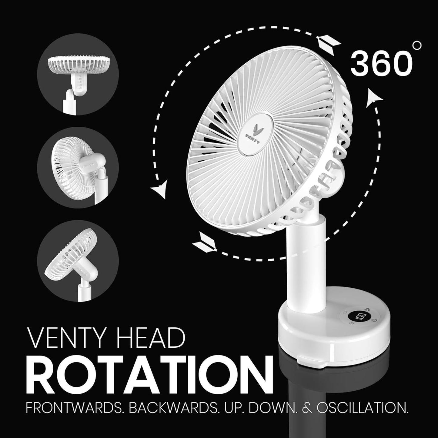 VENTY Portable Clip Fan - Rechargeable 10-Hour Battery Portable Fan - 360° Rotation & 90° Tilt - Stroller Fan, Desk Fan or Bedside Fan - Aromatherapy & LED Light - USB-C Rechargeable Clip On Fan
