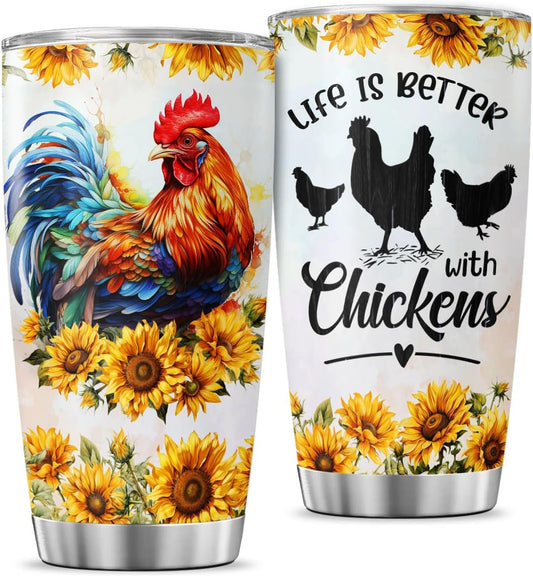Chicken Gifts, Flower Cups Sunflower Floral Spring, Tumbler 20 Oz With Lid And Straw, Life Is Better With Chicken