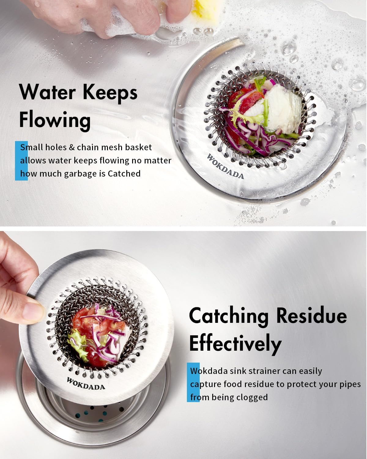 Revolutionary Kitchen Sink Drain Strainer& Sink Stopper/Patented Reversible Chain Mesh, Effortless Cleaning & Debris Catcher, Large Capacity, No Clog, 304 Stainless Steel & Rust-Proof