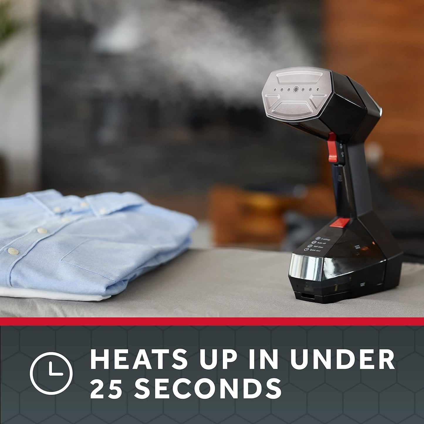 Sunbeam Professional 1575W Handheld Steamer for Clothes, Variable Temperature Control, 25-Second Fast Heat-Up, Bristle Brush, Delicate Fabric Attachment, Black and Red Finish