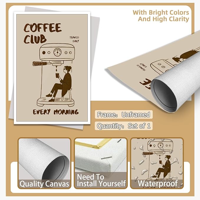 Served Daily Every Morning Sign Wall Art Funny Coffee Club Canvas Print Poster Vintage Kitchen Minimalist Painting Aesthetic Pictures Decor for Cafe Station Bar Cart Bedroom 20x30inch Unframed